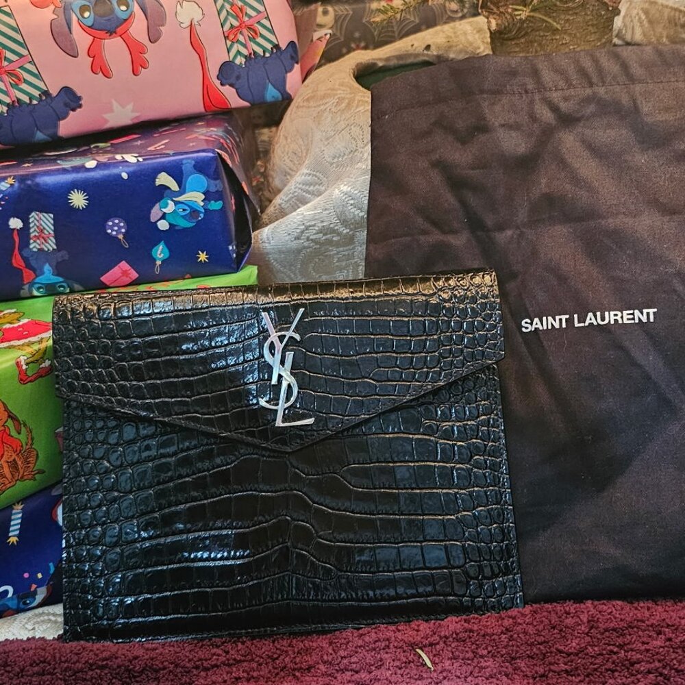 Saint Laurent YSL Black Croc Embossed Leather Envelope Clutch